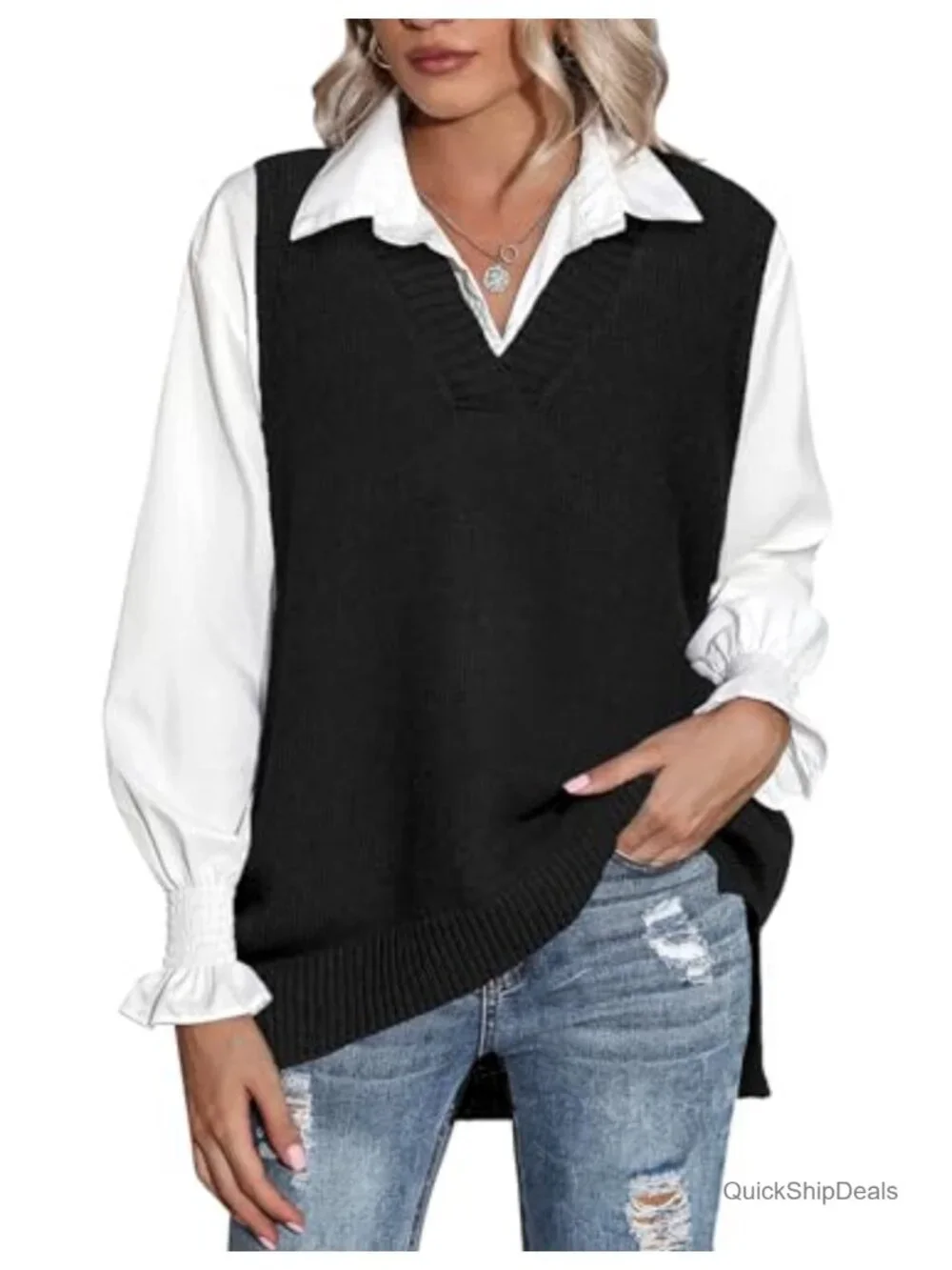 Zeagoo Sweater Vest Sleeveless V Neck Oversized Knitted Pullover Tops